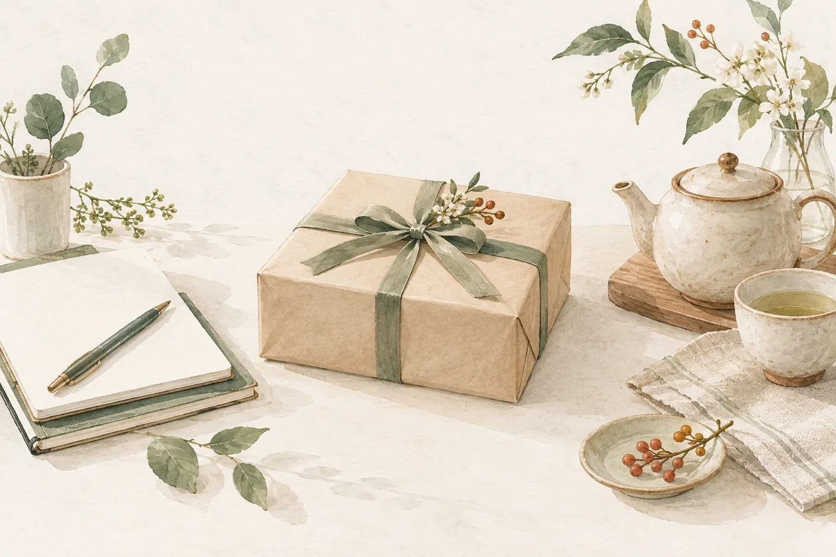 仕事のノートやお茶と贈り物を描いたイメージイラスト